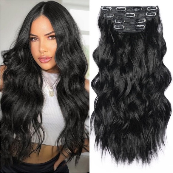 Clip in Hair Extensions 4Pcs Long Wavy Natural Black Hair Clip ins NEW